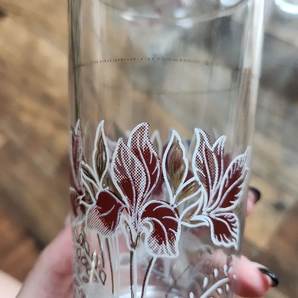 Vtg MCM Covetro Italian Pink Floral Pitcher &Glass Highball Drink Set Gold Trim